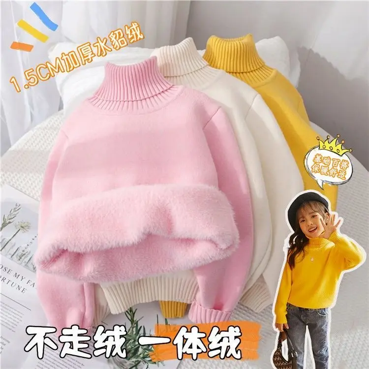 Sweater New Baby Girls\' Autumn and Winter High Neck Pullover Children\'s Single Layer Lining Super Thick Undercoat