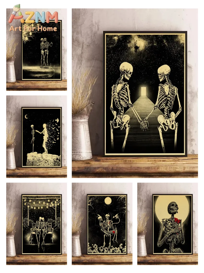 Vintage Skeleton Couple Starry Night Print wall decoration,Gothic Dark Romantic Poster Halloween Christmas Aesthetic Room Decor