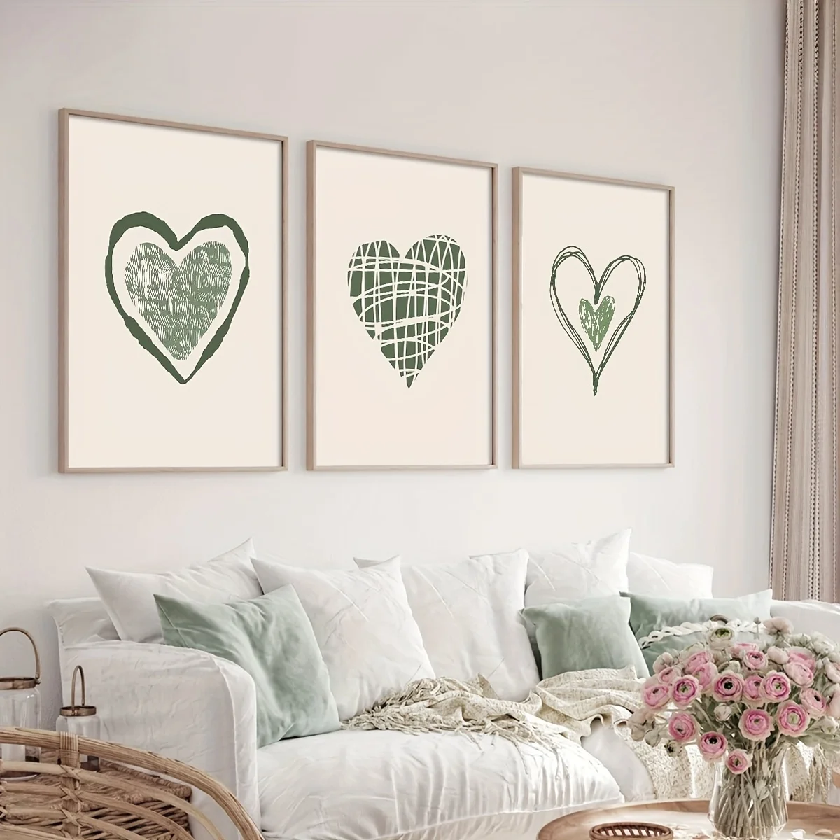 3pcs/SET Sage Green Heart Canvas Poster, Vintage Art, Minimalist Art, Creative Canvas Poster, Bedroom, Office, Living Room, Coff