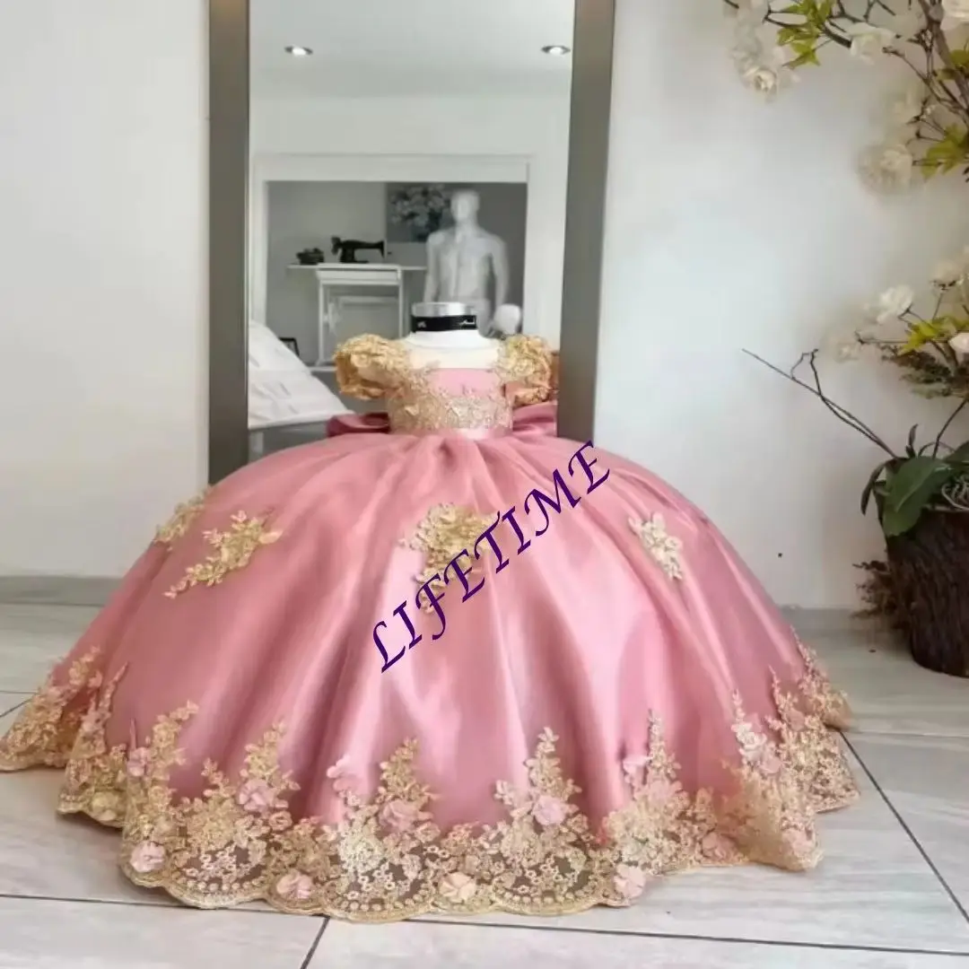 Pink Flower Girl Dress Customized with Gold Lace Appliques Bow Princess Baby Girl Birthday Ball Gown for Wedding