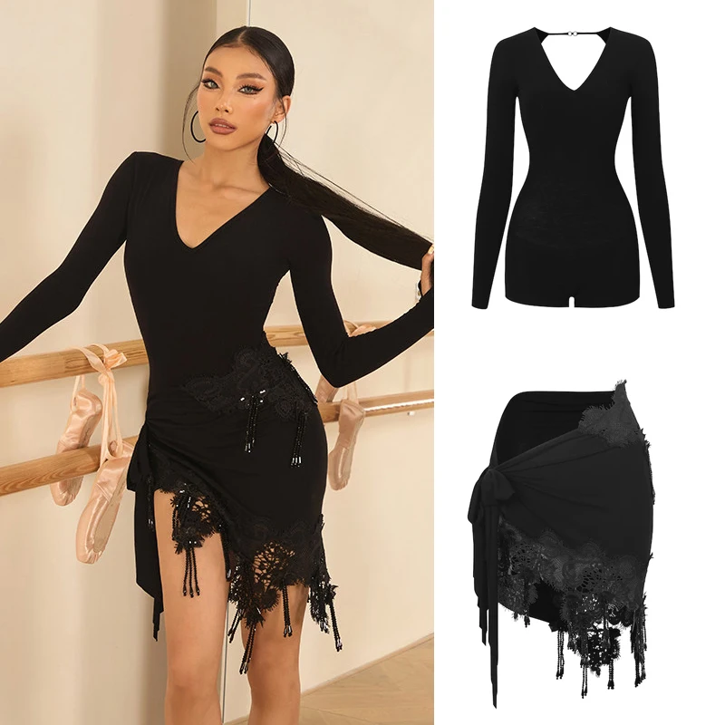 ZYM Ballroom Dance Clothes Women'S Samba Latin Dance Costume Black Long Sleeves Latin Top Irregular Fringed Skirt Suit SL16622