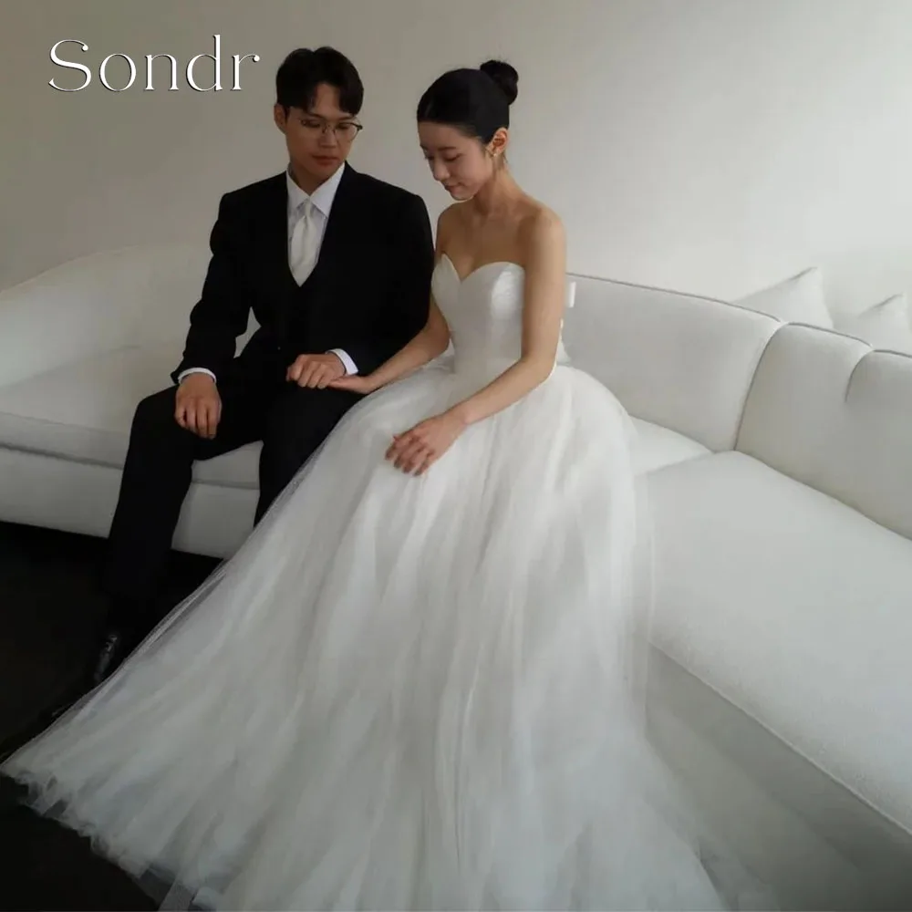 

Sondr Customized Sweetheart Collar White Korean Wedding Dresses Floor Length Bow Backless Tulle Bride Gowns Party Women Bride