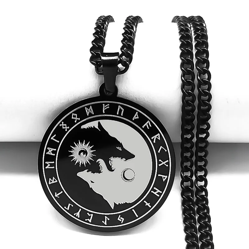 Viking Division Letter Yin and Yang Wolf Chain Stainless Steel Necklaces Women/Men Black Color Necklace Jewlery Men's Gift