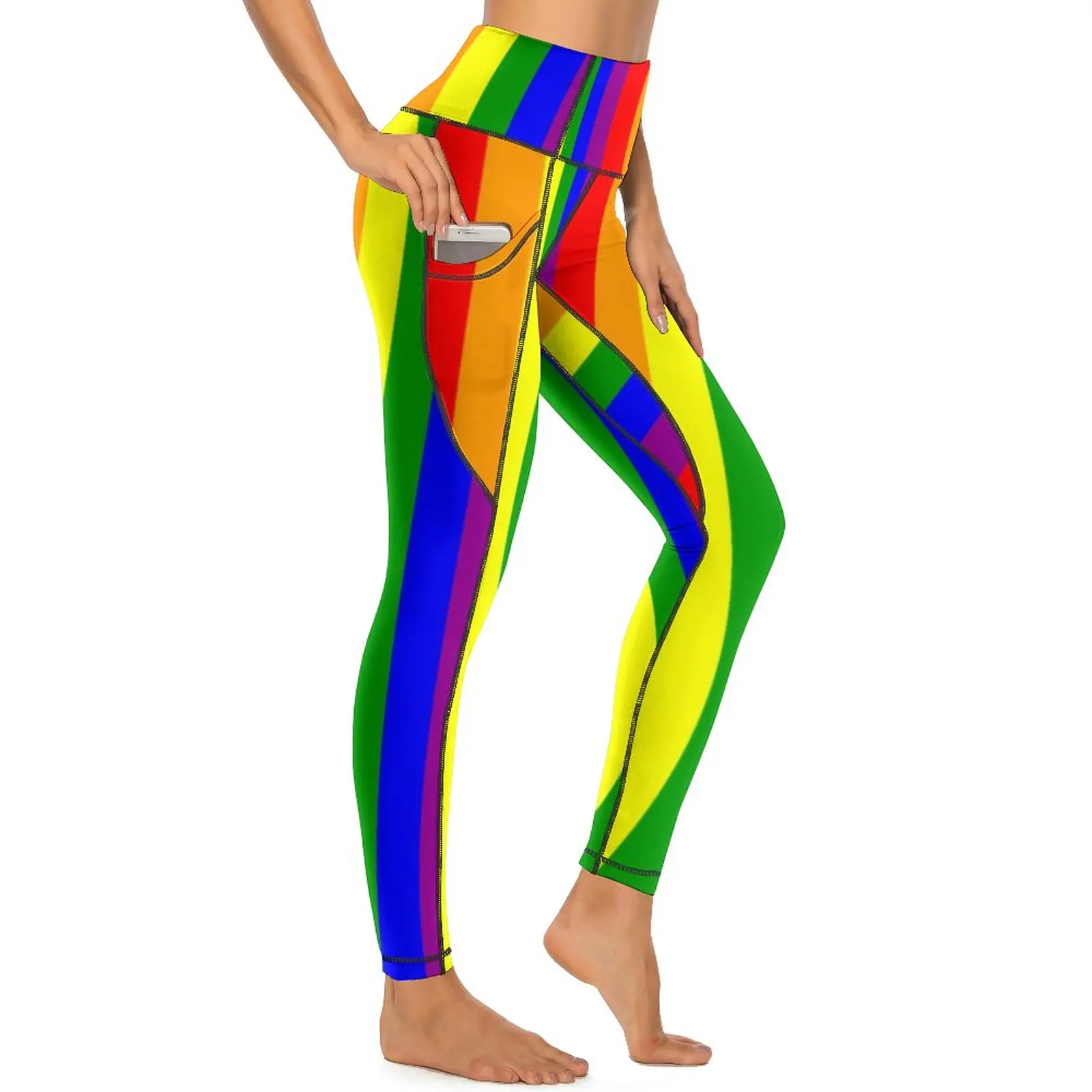 Rainbow Striped Yoga Pants With Pockets Pride Celebration Leggings Sexy Push Up Cute Yoga Sport Legging Stretchy Printed