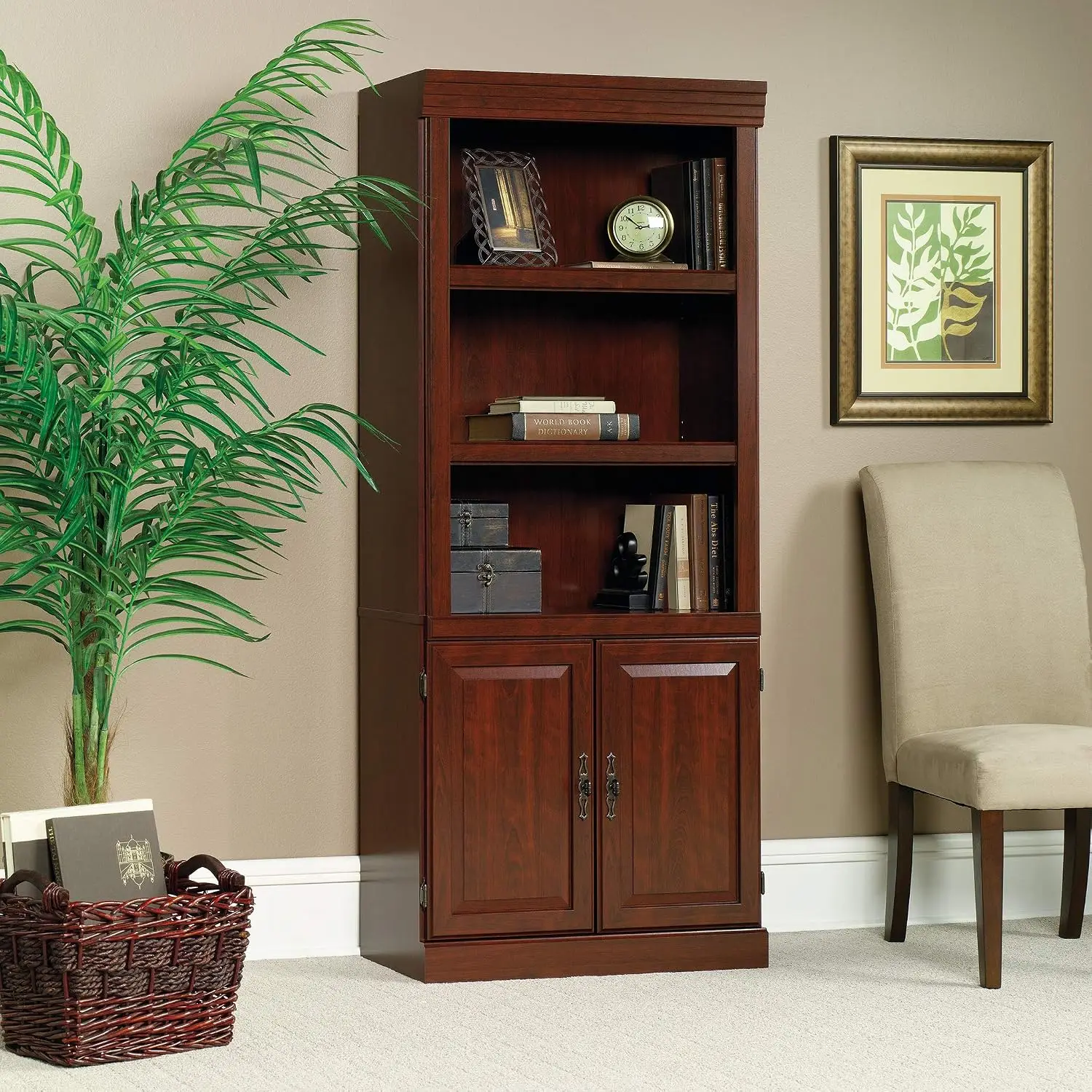 Library Bookcase With Doors Classic Cherry Finish Wooden Storage Cabinet Home Office Display Shelf 60