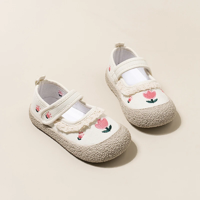 Girls Canvas Shoes Fashion Sweet Embroidery Toddlers Kids Casual Shoes Soft Soled Versatile Children Princess Shoes Ruffled Edge