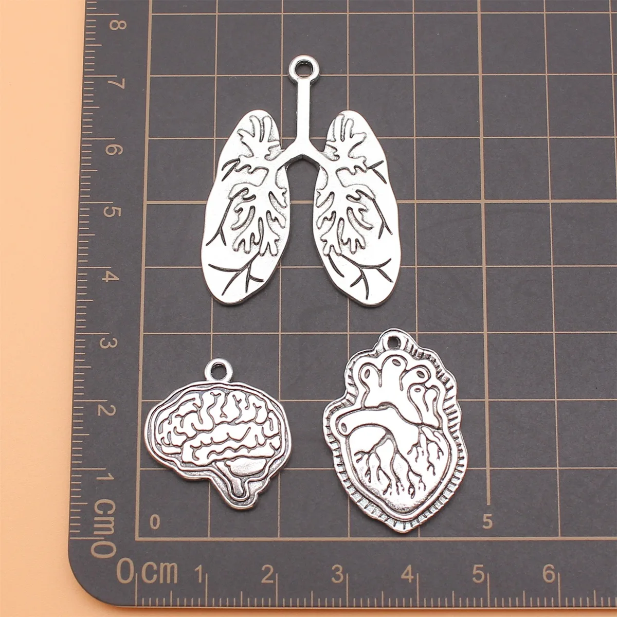 3pcs Antique Silver Color Heart Brain Lungs Charms Collection For DIY Jewelry Making, 3 Styles, 1 of Each