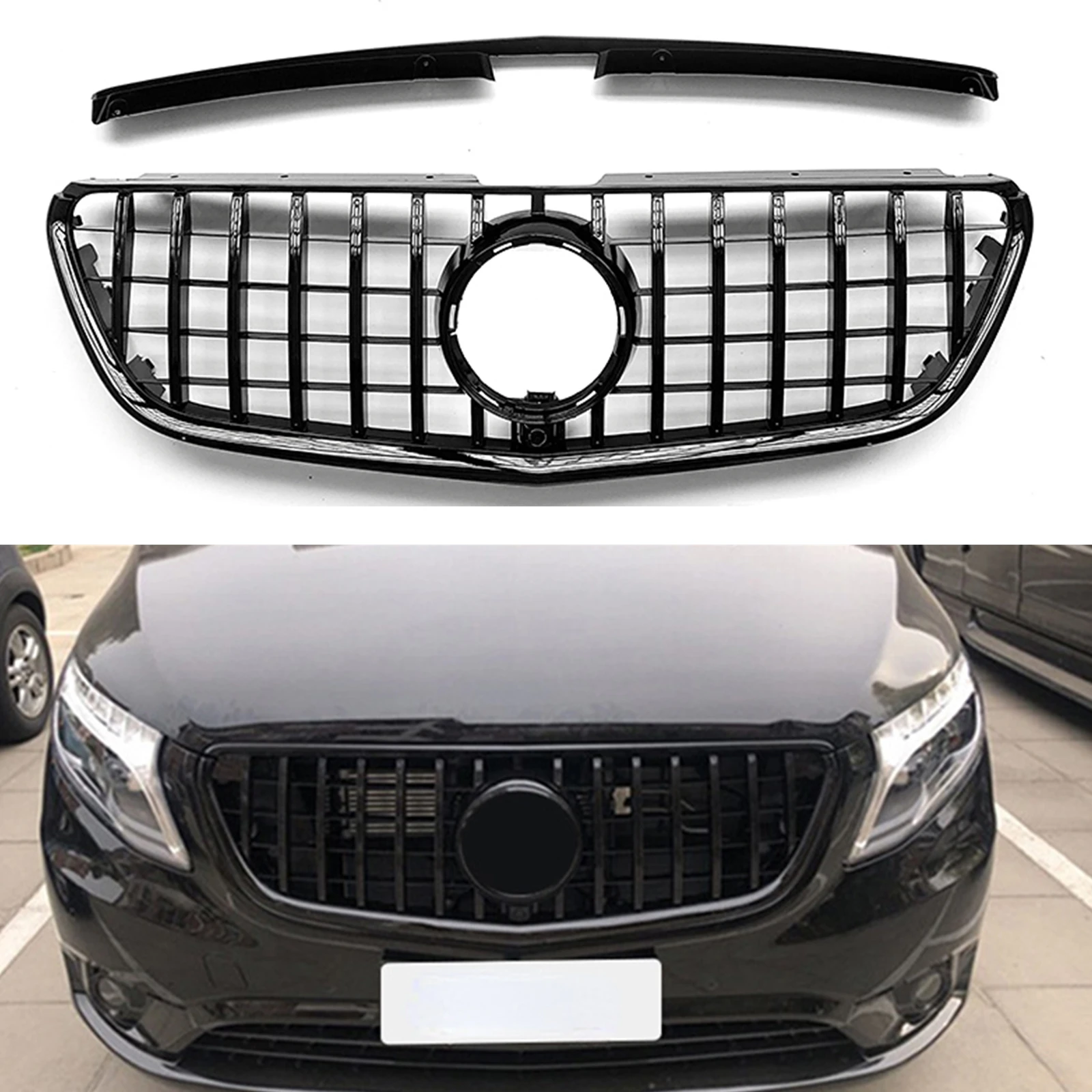 

Front Grill Grille For Mercedes Benz Metris V260 W447 2016-2020 GT Style Black/Silver Car Upper Bumper Hood Mesh Grid Kit