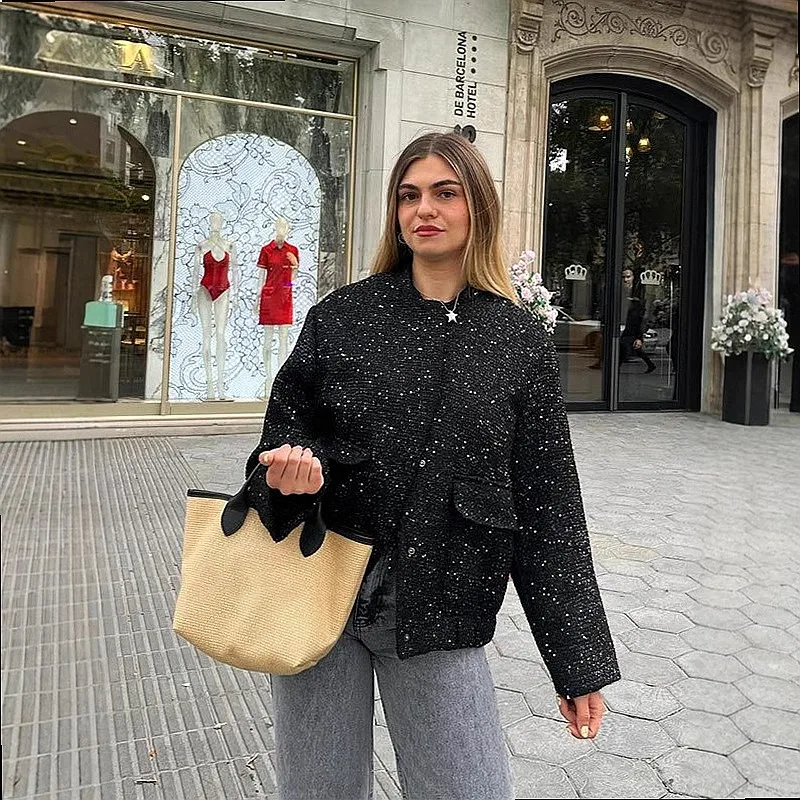 Vintage Tweed Coat Women Elegant Off Shoulder Long Sleeve Blazer Gold Trim Slim Fit Outerwear Spring Summer