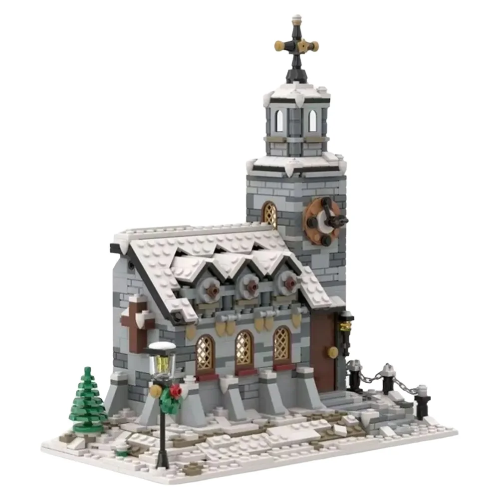 1074-teiliger Baukasten Kreative Werke MOC Straßenansicht Architektur-Serie Winter-Kapelle Schneehaus-Szene Montage-Dekoration