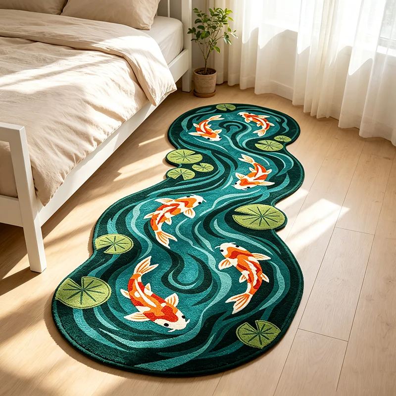 Creative Koi Fish & Lotus Irregular‑Shaped Rug Retro Art Plush Bedside Floor Mat Fashion Luxury Carpet for Hallway Living Room