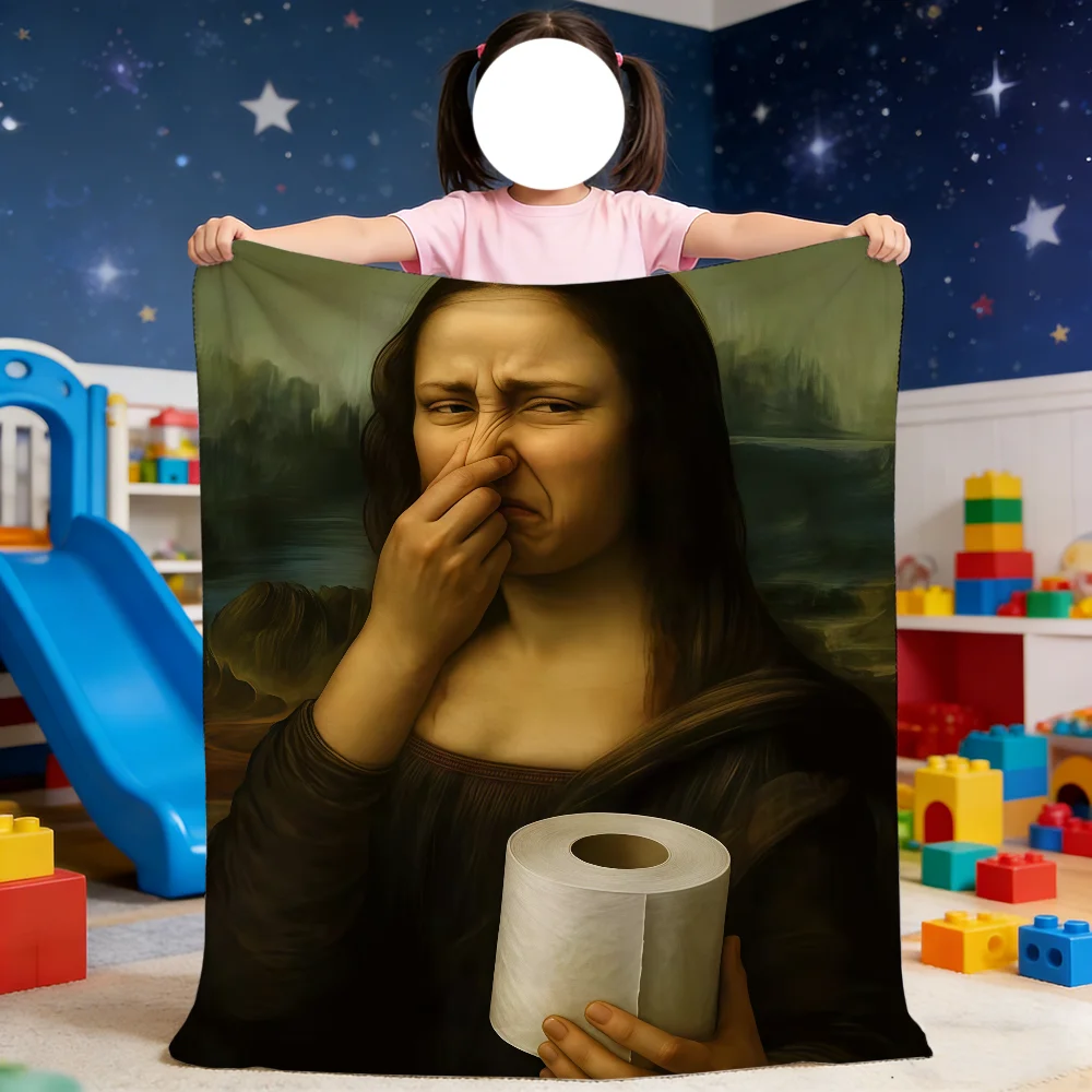 Lustige Mona Lisa Decke mit Toilettenpapierhalterung, Weiche Kuscheldecke für Picknick, Bett, Sofa, Zuhause, Schlafzimmer, Gemütlich Warm