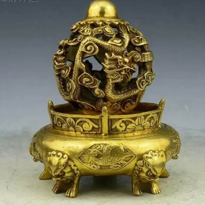 

China Brass Copper Hand Carved Dragon Lion Turn Incense Burner