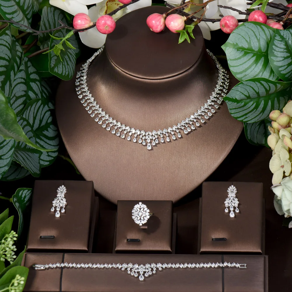 HIBRIDE Water Drop Shape Clear Cubic Zircon Jewelry Set For Women Bridal Wedding 4PCS Necklace Accessories Wholesale N-1275