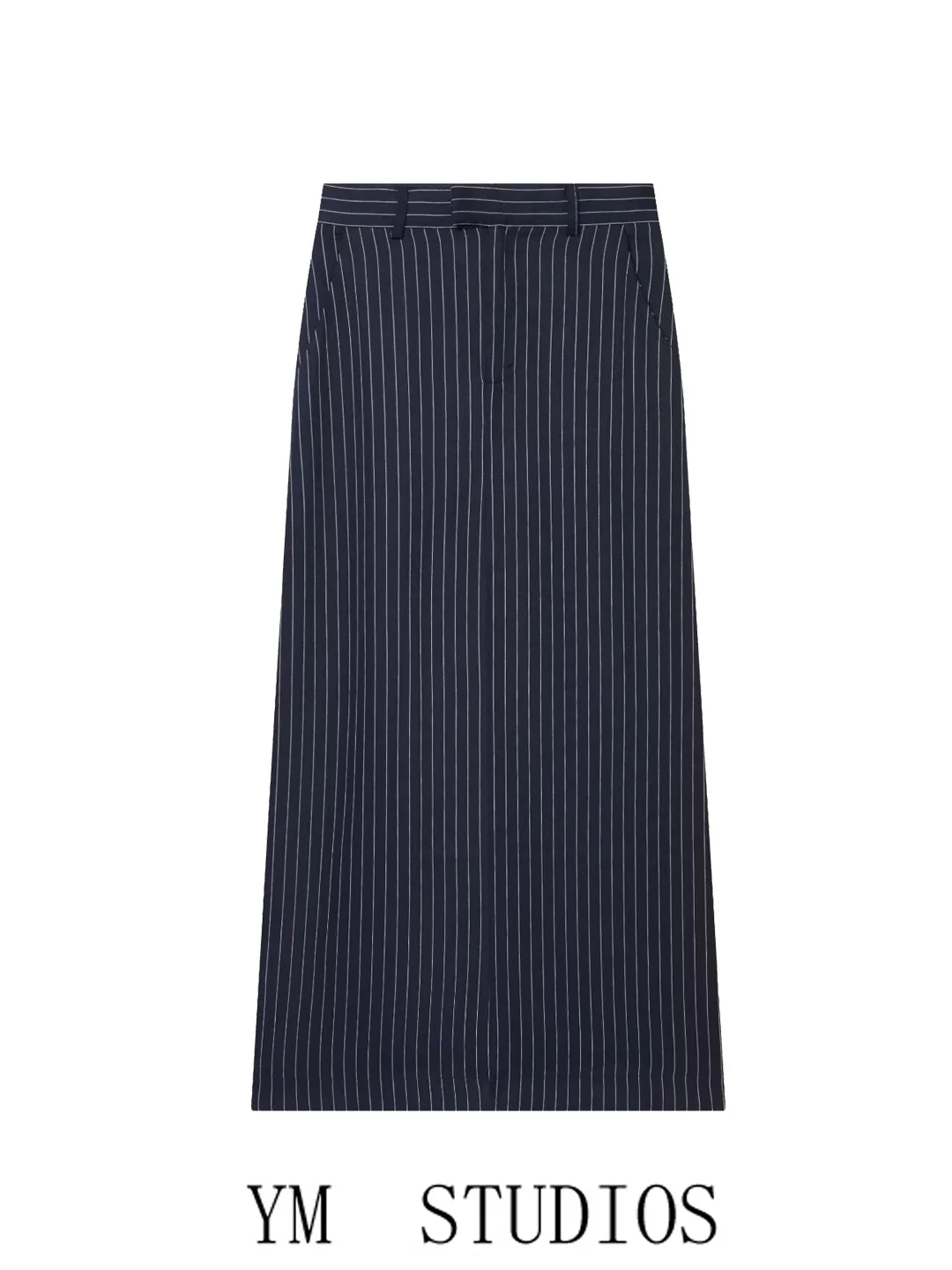 High Waist Striped Straight Cut Midi Skirt for Women Elegant Business Office Long Skirt Asymmetrical Hemline Polyester Fiber