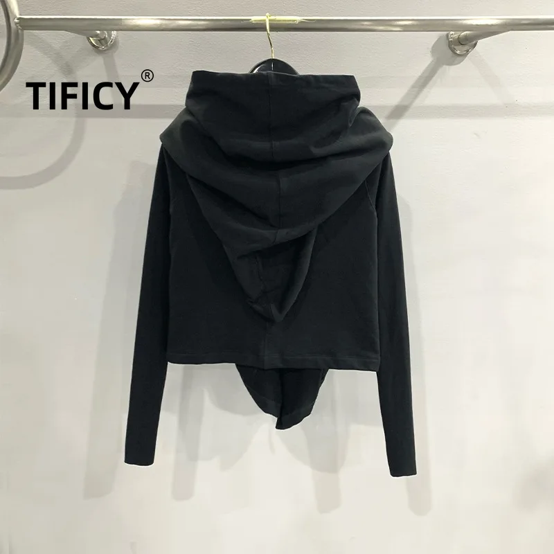 TIFICY-Moletom com capuz grande mago feminino, moletom com capuz, casaco curto monocromático, algodão, casaco preto de rua, moda High Street