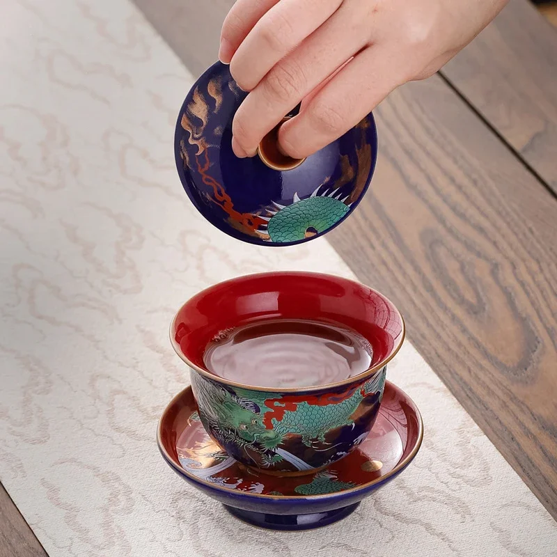 Ceramic Sancai Gaiwan Single Tea Bowl, Blue Glaze, Large Size with Lid, Household Kung Fu Tea Cup Set, Brewing, Chinese Dragon