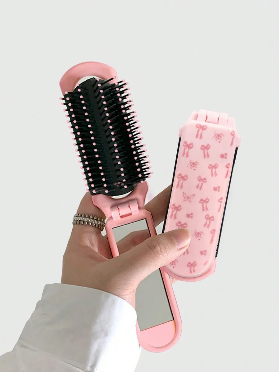 

1Pc Kawaii Pink Bow Folding Hair Brush Air Cushion Comb With Mirror Portable Back To School Hair Styling Comb