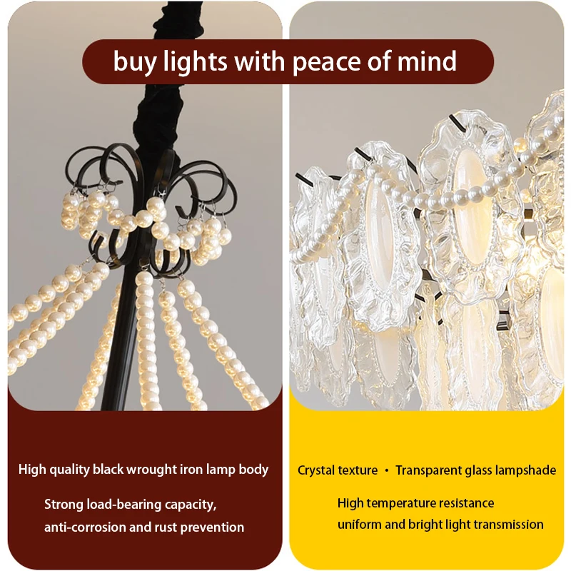 프랑스 레트로 진주 유리 샹들리에 북유럽 럭셔리 크리스탈 펜던트 조명 포스트 모던 거실 식탁 조명 장식