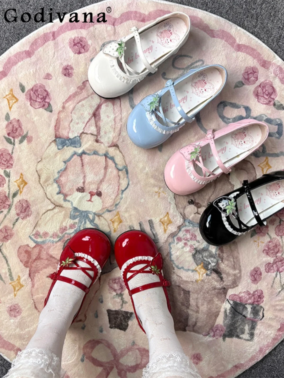 Sweet Cute Little Strawberry Lolita Kawaii Platform Shoes Jk Round Head Small Leather Shoe Flat  Heel Heels