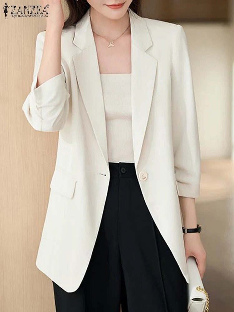 2024 ZANZEA Casual Work Thin Coats Solid Commute Jackets Fashion Autumn Women OL Blazer Elegant Lapel Neck 3/4 Sleeve Officewear