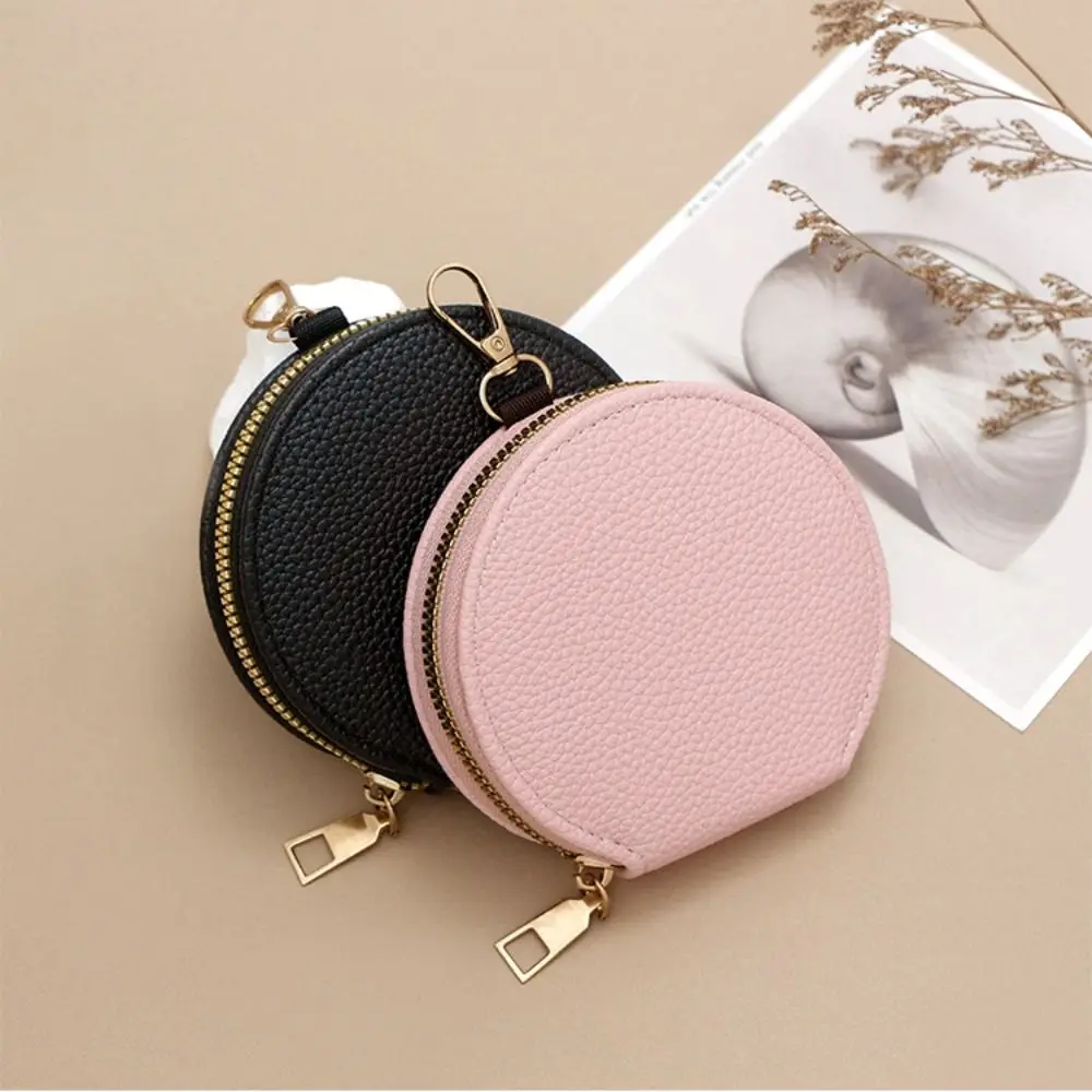 Fashion PU Leather Round Wallet with Chain Solid Color Card Holder Zipper Money Bag Women Girls