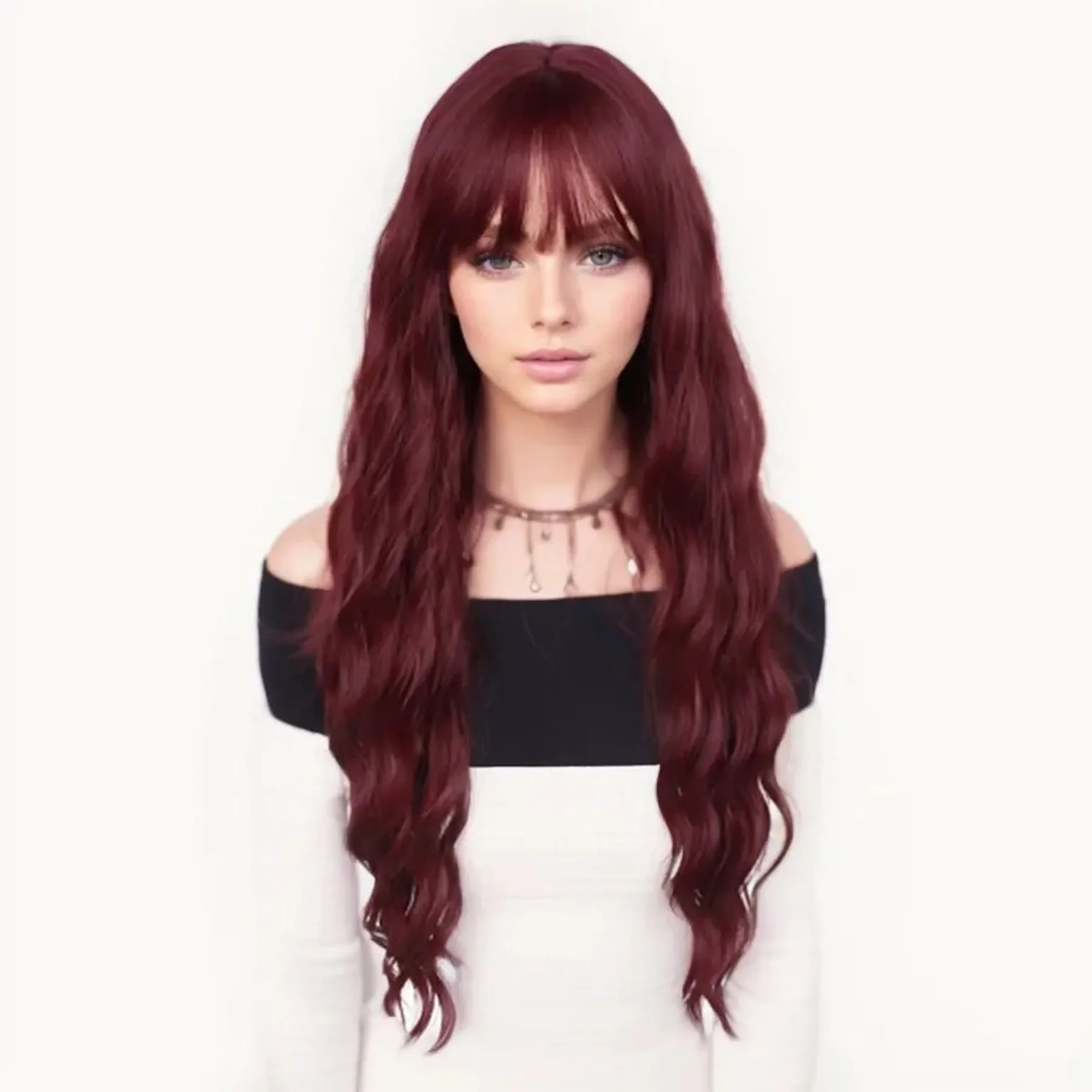 Synthetic Auburn Cosplay Wigs Long Water Wavy Wig with Bangs for Women Girls Halloween Wig Costume Carnival Party Christmas Use