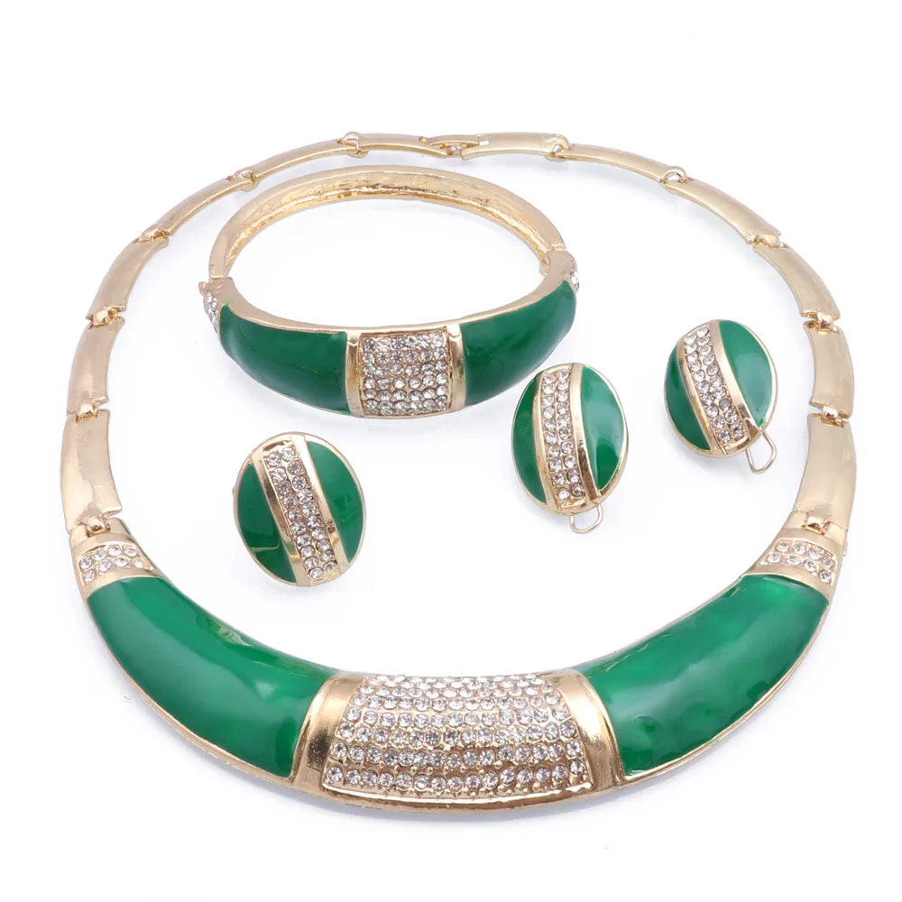 Dubai Elegant Woman Gold Color Jewelry Green Enamel Necklace Bracelet Earrings Ring Party Fashion Jewelry Sets