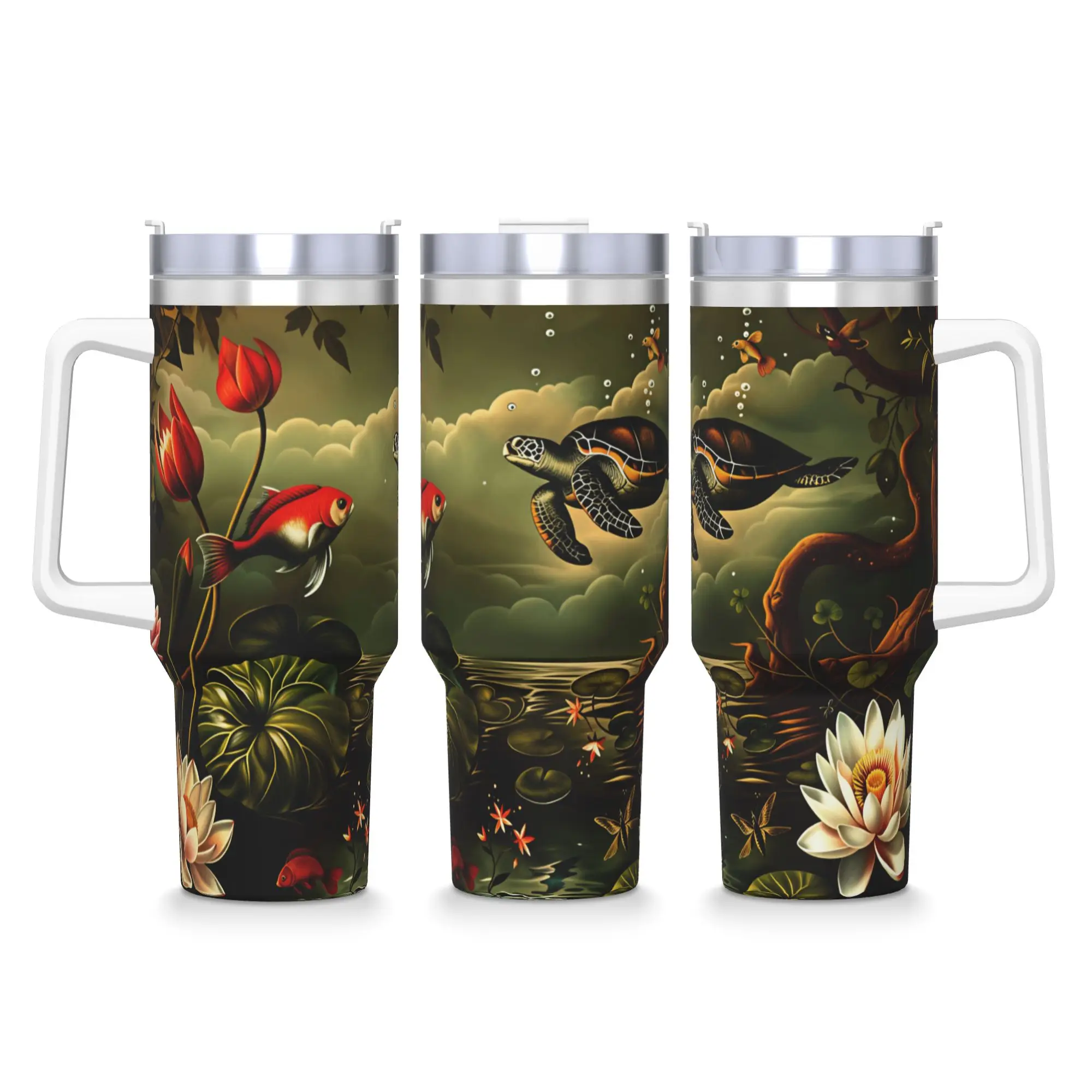 Surreal Sea Turtle Lotus Pond Underwater Landscape Stainless Steel Tumbler  Travel Thermal Cups With Straws and Lid 40oz Mugs