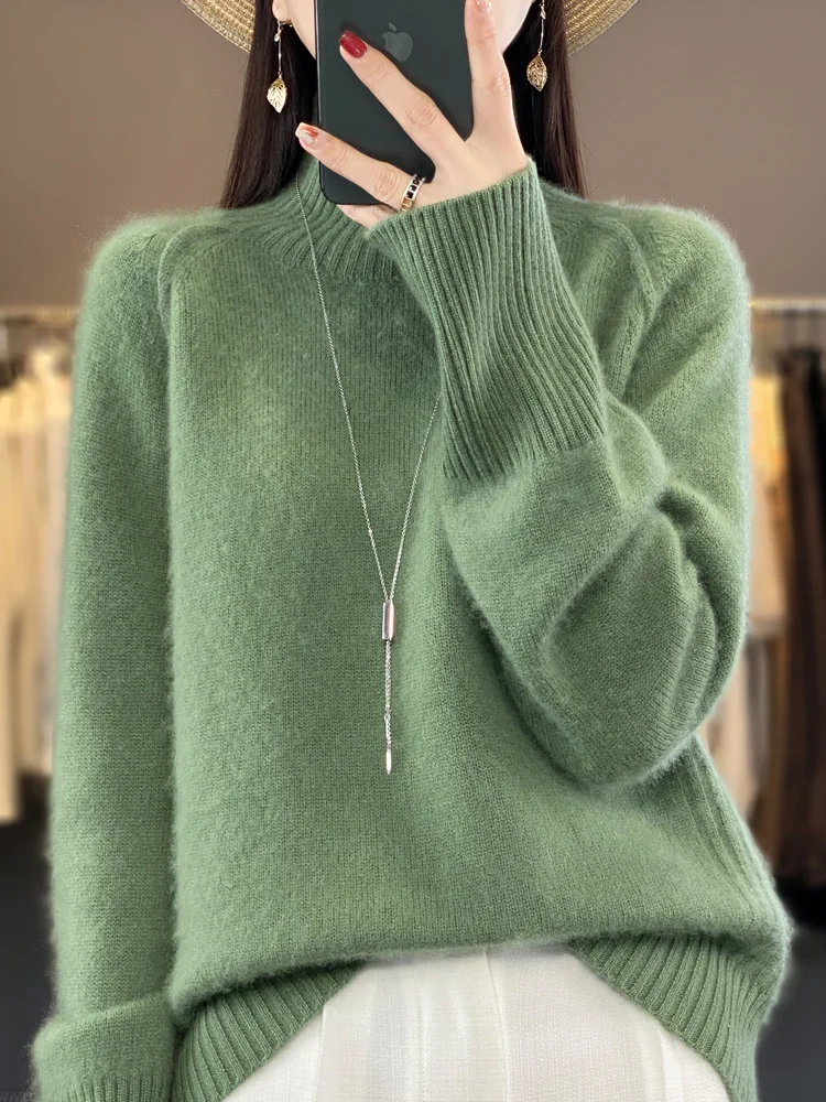 100% Merino Wool Cashmere Women Knitted Sweater Mock Neck Long Sleeve Pullover Autume Winter Clothing Jumper Straf Store