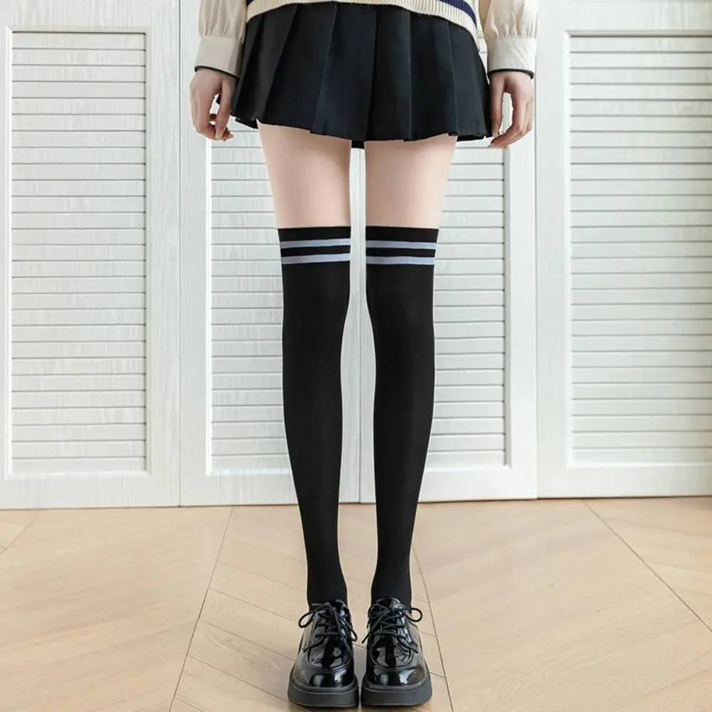 Anti-Hook Nylon Striped Splicing Pantyhose Seamless Fake Calf Socks Women Stockings Thin Fake High Tube Knee Tights Daily