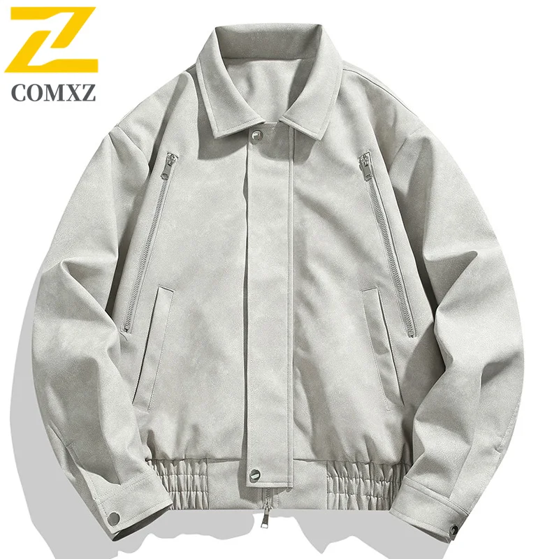 COMXZ Jaket Kulit Pria 2025 Kasual Luar Ruangan Olahraga Tahan Angin Mantel Kulit Santai Trendi Gaya Harian Musim Gugur Mantel Baru