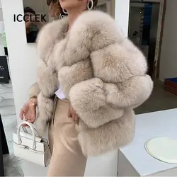 100% 진품 여우털 코트 라운드넥 정품 모피 코트 의류 두껍고 따뜻한 긴팔 자연 모피 자켓 아웃웨어, 여성용 겨울용