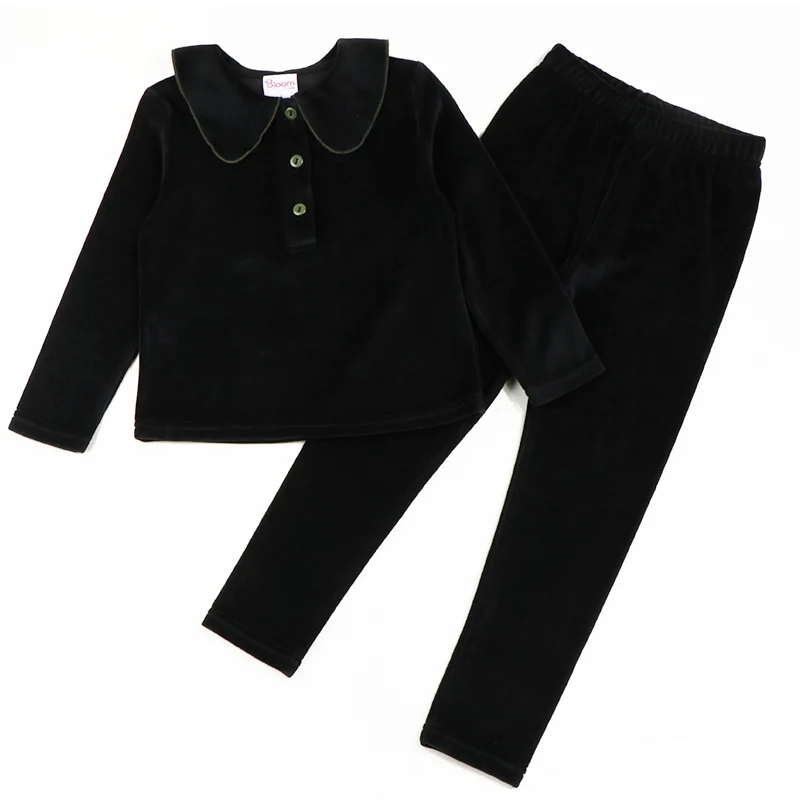 Winter clothes for baby and children baby girl winter 2pcs sets children\'s pants kids clothes girl black velour with green neck