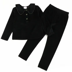 Winter clothes for baby and children baby girl winter 2pcs sets children's pants kids clothes girl black velour with green neck