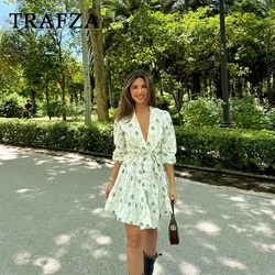 TRAFZA 2024 Spring Summer Women Casual Print Dresses Fashion Streetwear Sashes Loose V Neck Empire Elegant Ladies Dresses