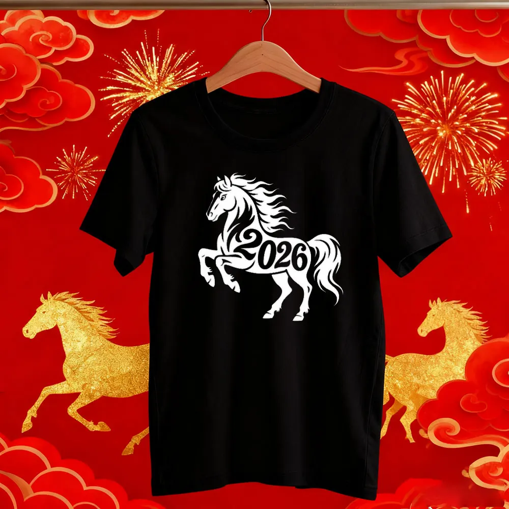 Realistic Horse with Long Tail and Flowing Mane Stallion Reared Up Symbol of 2026 Year Vector Eastern Zodiac Logo Short-sleev
