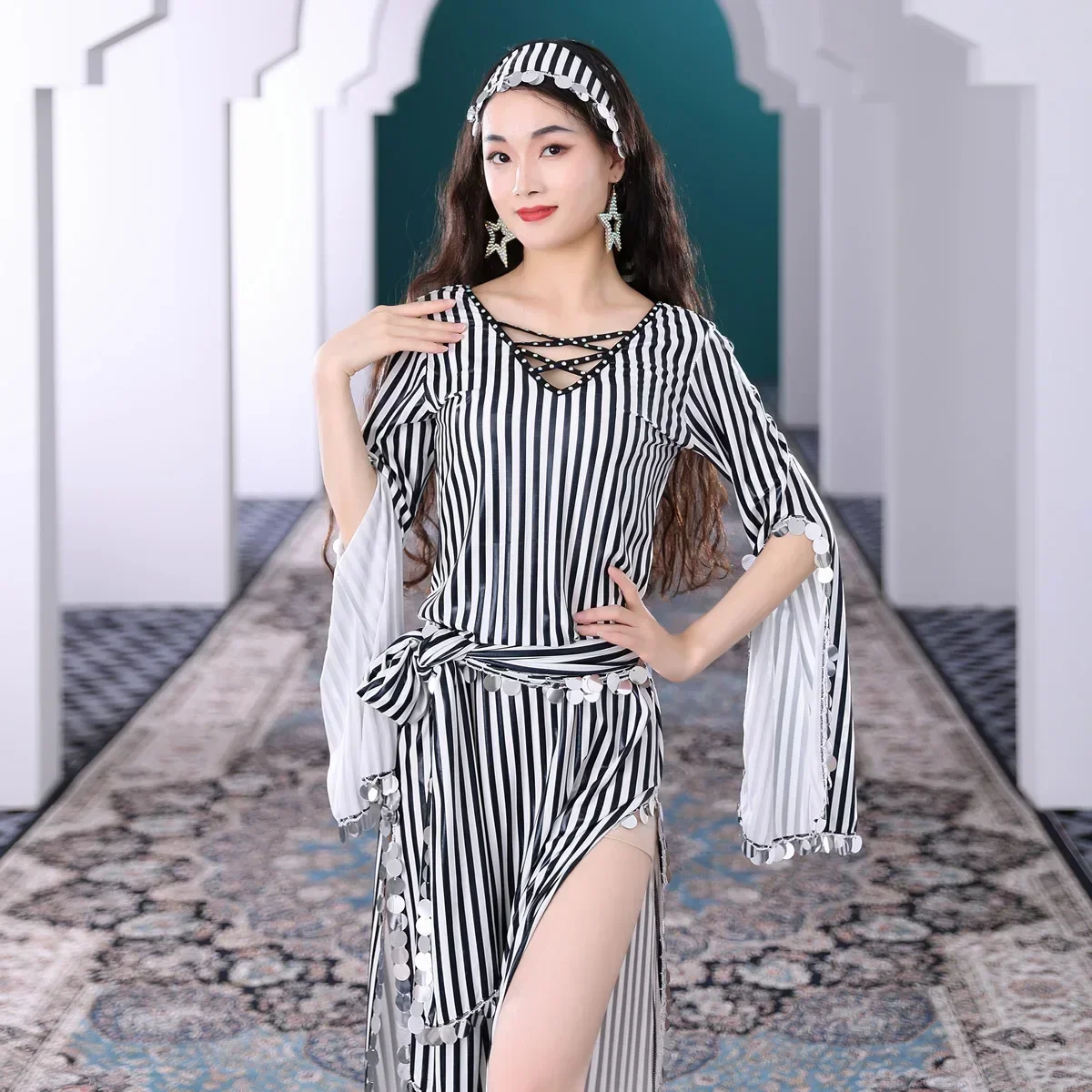 3pcs Costume Oriental Dance Dancing Clothes New Belly Dance Bronzing Sequins Robe Baladi Folk Saidi Cane Dance