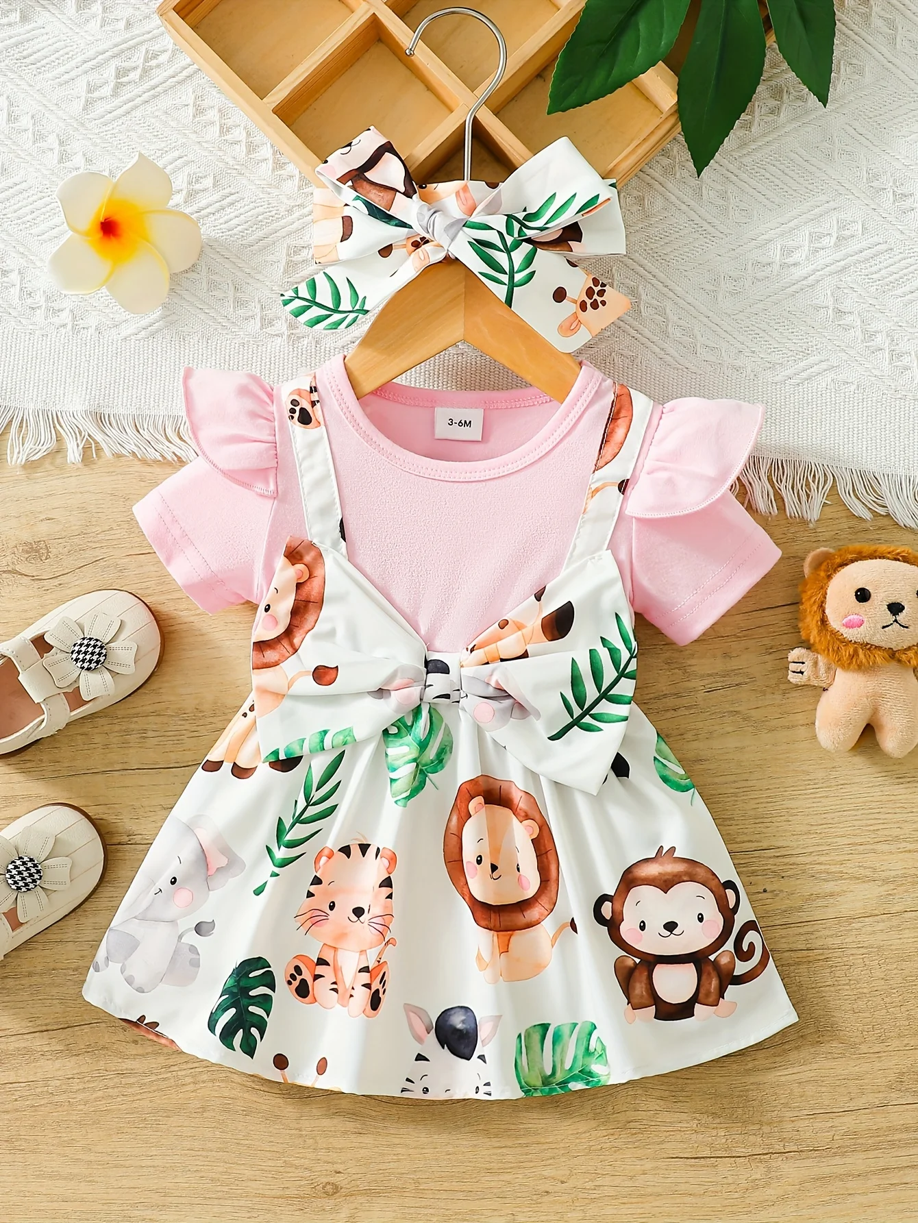 Summer Infant Girl Animal Print Faux Two-Piece Dress Set with Pink Sleeve Fly Sleeve Jungle Animal Bib Short + Hair Accessory