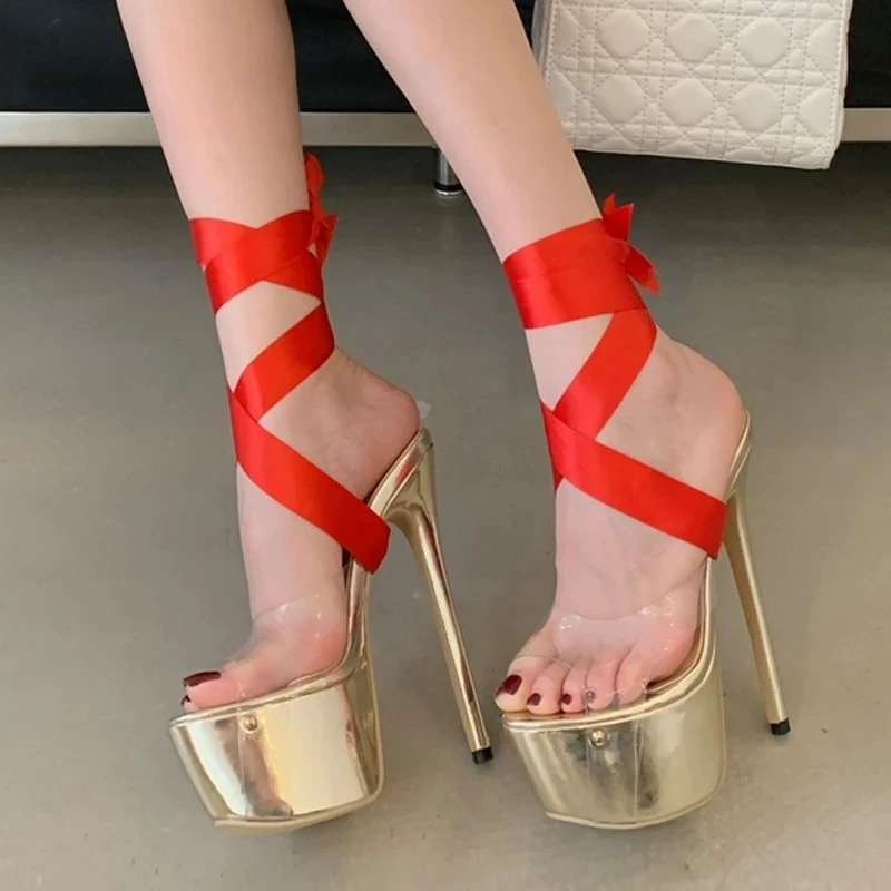

Sexy Transparent High Heels Women 16CM Ankle Strap Open Toe Summer New Fashion Striptease Party Shoes Platform Sandals Women
