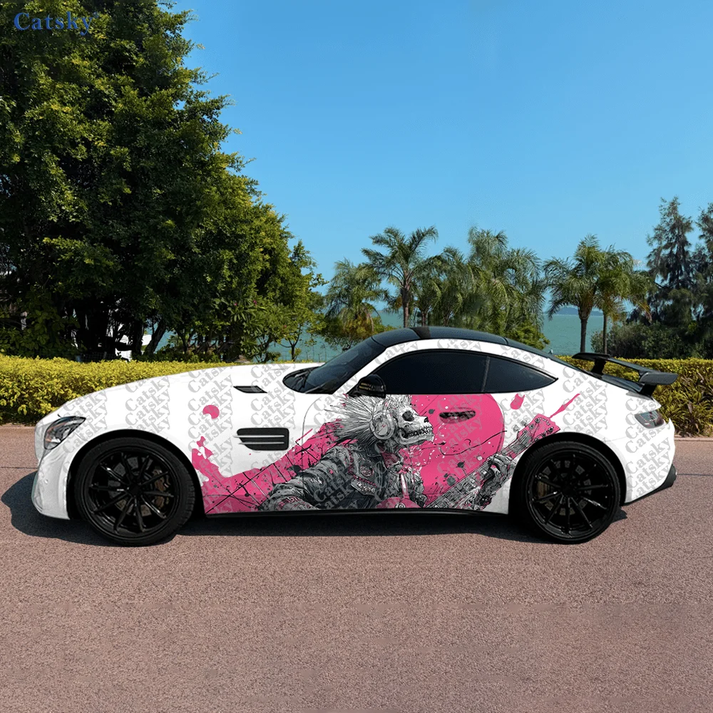 

2pcs Trendy Skull Punk Bass Car Side Car Wraps, Self-Adhesive PVC Waterproof & Scratch-Resistant Stickers, Car Accessory Gift