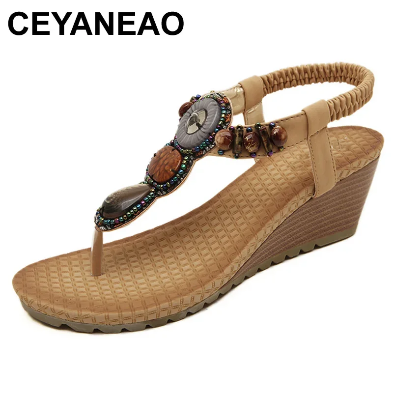 

CEYANEAO Woman Wedges Sandals For Women Bohemia Beach Sandals T Strap Summer Sandal Plus Size Black Beige Sandalias BYT531