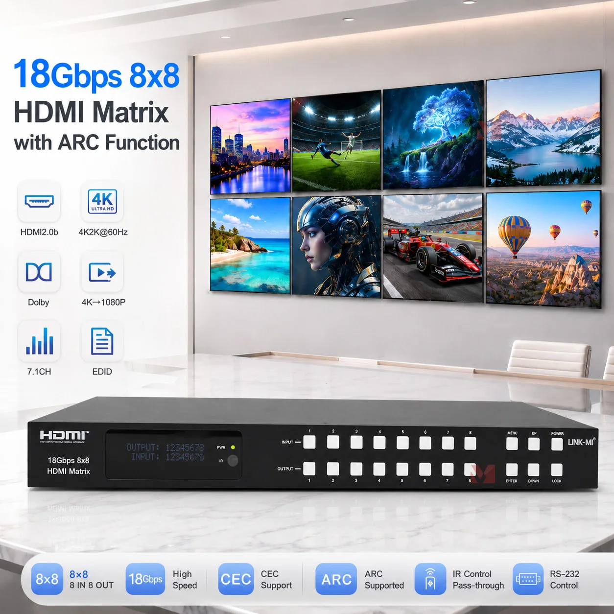

18Gbps 8x8 HDMI Matrix with ARC Function 4K2K@60Hz YUV 4:4:4 Switcher Dowanscaler Remote EDID RS232