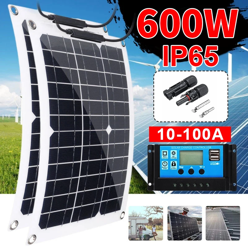

12V Battery Charger Dual USB 600W Flexible Solar Panel With 10A-100A Controller Solar Cell Power Bank for Phone Car Yacht