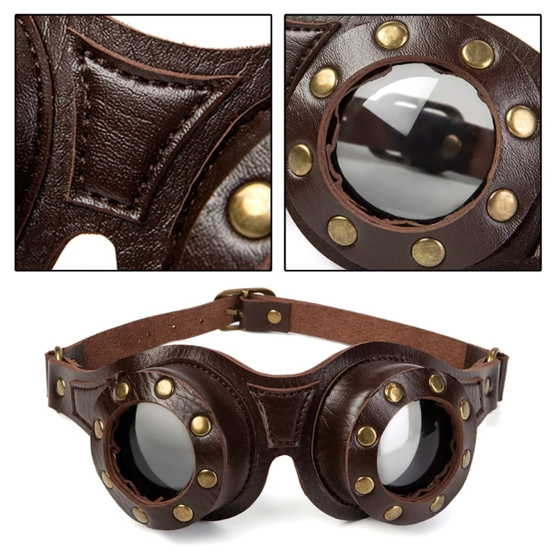 Occhiali da pilota Steampunk regolabili in pelle PU Occhiali da uomo Occhiali da scooter