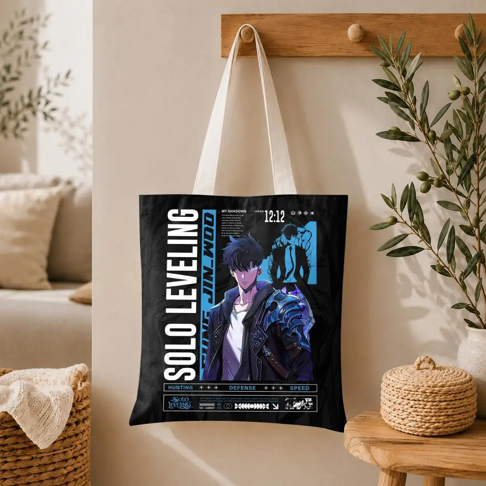 Anime S-Solo Art l-leveling Storage Bags Large Capacity Canvas Tote Bag Double-Sided Print Shoulder Handbag for Daily Shopping