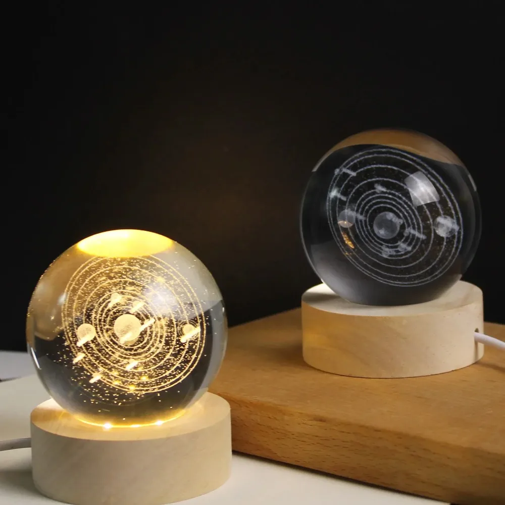 ホットフェスティバル クリスタルボール ナイトライト ギフト 3種類のベース USB LED ホームデスクトップデコレーション 6cm 3Dレーザー彫刻 惑星 月
