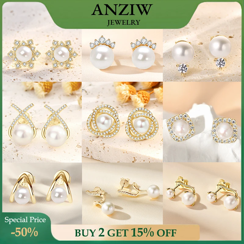 Anziw Natural Freshwater Pearl Stud Earrings for Women Real 925 Silver Elegant Wedding Engagement Fine Jewelry Gift Christmas