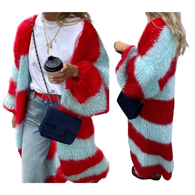 

A63K-Females Color Block Striped Cardigan Sweaters Loose Knitted Long Open Front Cardigan