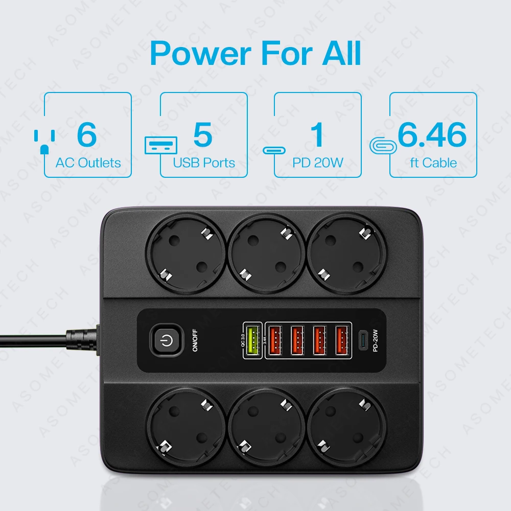 3000W 6 AC Outlets Power Strip 6 USB Charging Station Extension Cord 2M PD 20W QC3.0 USB Port Multi Outlet Charger Power Socket